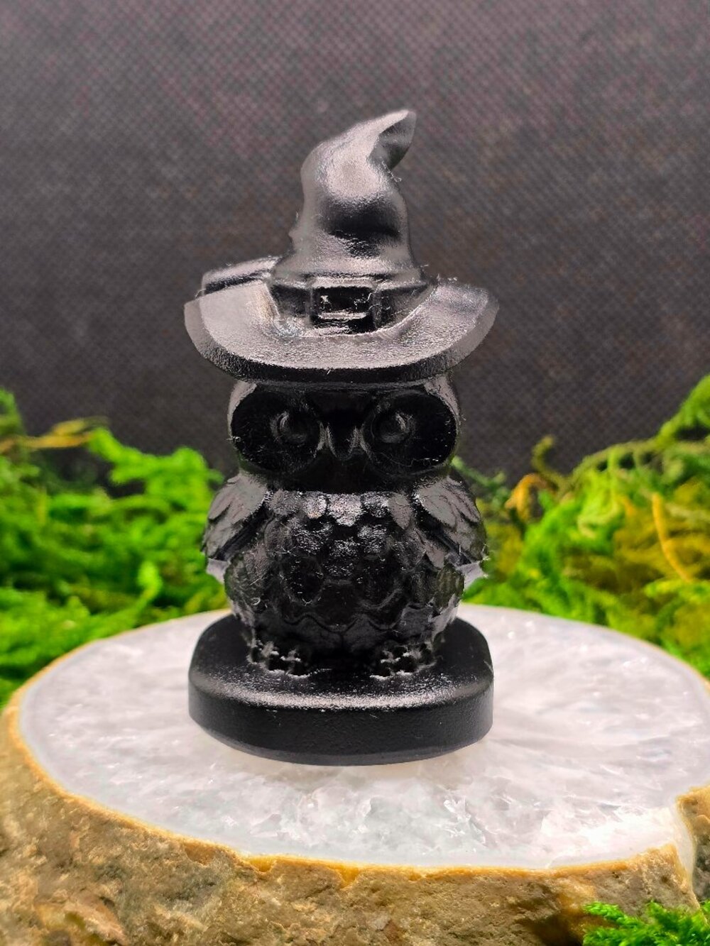 Black Obsidian Owl Witch Hat Crystal Carving 3" Figurine Halloween Decor